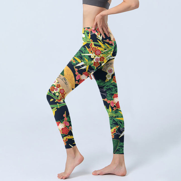 Leggings de sport imprimés Buddha Stones, fleurs rouges, bambou jaune-vert et pins, pantalons de yoga pour femmes - image 3