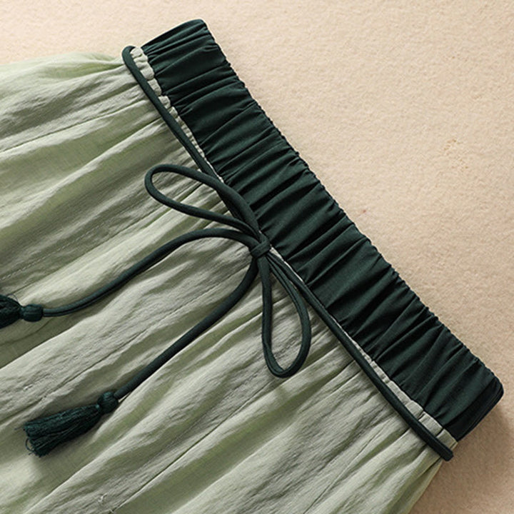 Jupe plissée décontractée à lacets et couleurs contrastées Buddha Stones pour femme, en coton et lin, longueur 7-8 - image 25