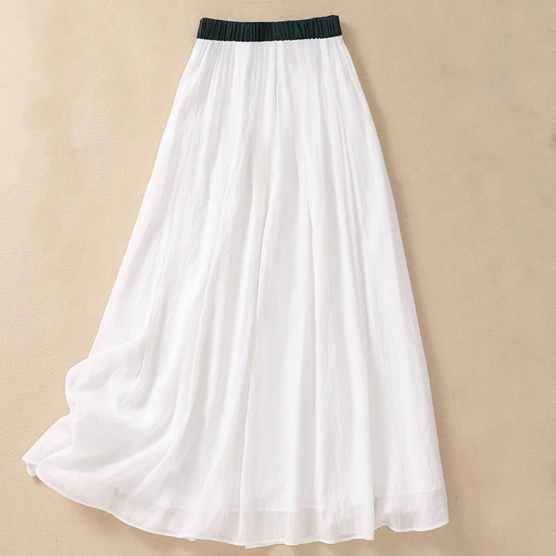 Jupe plissée décontractée à lacets et couleurs contrastées Buddha Stones pour femme, en coton et lin, longueur 7-8 - Blanc - US8-10，UK/AU12-14，EU40-42 (2XL) - image 10