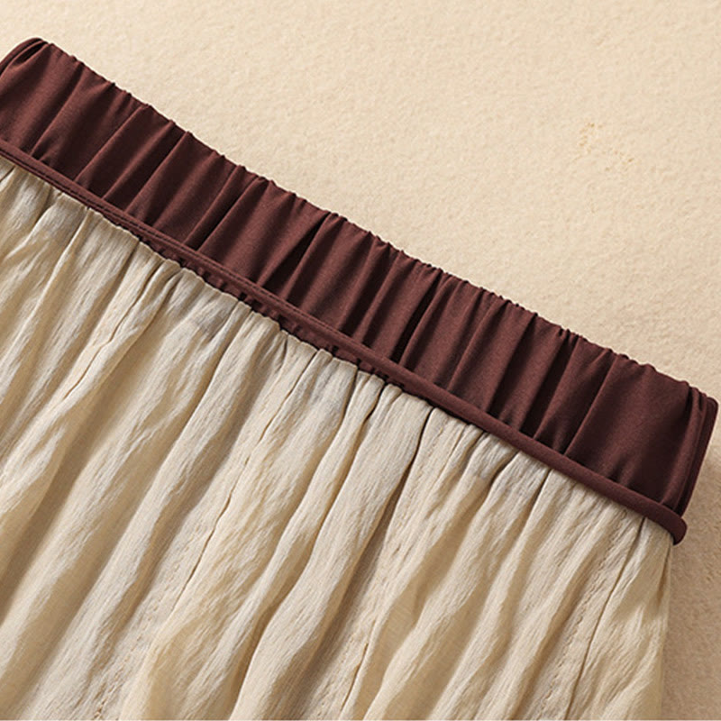 Jupe plissée décontractée à lacets et couleurs contrastées Buddha Stones pour femme, en coton et lin, longueur 7-8 - image 4