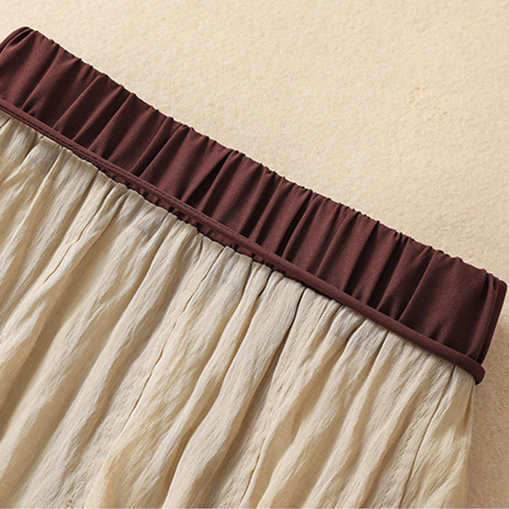 Jupe plissée décontractée à lacets et couleurs contrastées Buddha Stones pour femme, en coton et lin, longueur 7-8 - image 4