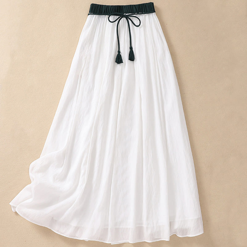 Jupe plissée décontractée à lacets et couleurs contrastées Buddha Stones pour femme, en coton et lin, longueur 7-8 - image 11