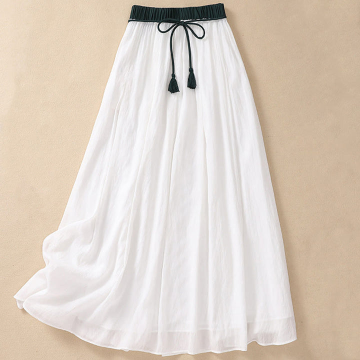 Jupe plissée décontractée à lacets et couleurs contrastées Buddha Stones pour femme, en coton et lin, longueur 7-8 - image 11