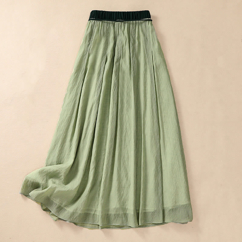 Jupe plissée décontractée à lacets et couleurs contrastées Buddha Stones pour femme, en coton et lin, longueur 7-8 - Vert clair - US8-10，UK/AU12-14，EU40-42 (2XL) - image 23