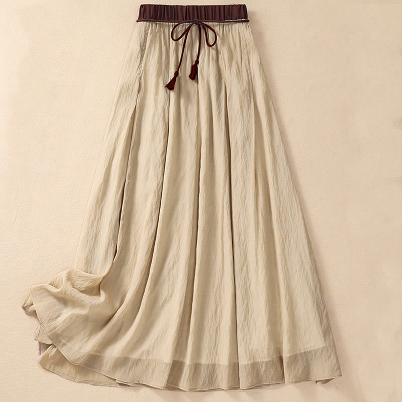 Jupe plissée décontractée à lacets et couleurs contrastées Buddha Stones pour femme, en coton et lin, longueur 7-8 - Jaune d'or pâle - US8-10，UK/AU12-14，EU40-42 (2XL) - image 0