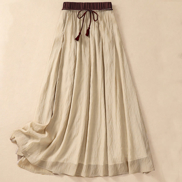 Jupe plissée décontractée à lacets et couleurs contrastées Buddha Stones pour femme, en coton et lin, longueur 7-8 - Jaune d'or pâle - US8-10，UK/AU12-14，EU40-42 (2XL) - image 0