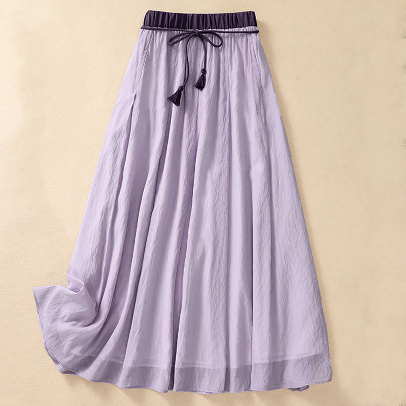Jupe plissée décontractée à lacets et couleurs contrastées Buddha Stones pour femme, en coton et lin, longueur 7-8 - Prune - US8-10，UK/AU12-14，EU40-42 (2XL) - image 16