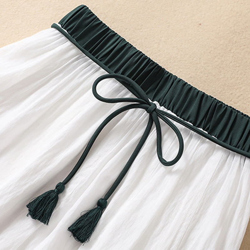 Jupe plissée décontractée à lacets et couleurs contrastées Buddha Stones pour femme, en coton et lin, longueur 7-8 - image 12