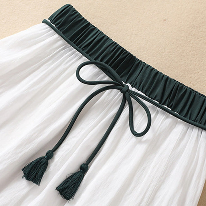 Jupe plissée décontractée à lacets et couleurs contrastées Buddha Stones pour femme, en coton et lin, longueur 7-8 - image 12