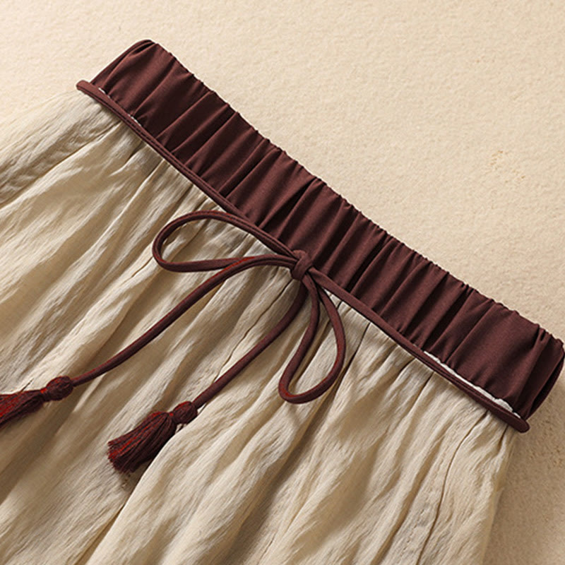 Jupe plissée décontractée à lacets et couleurs contrastées Buddha Stones pour femme, en coton et lin, longueur 7-8 - image 2