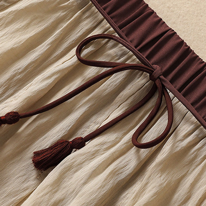 Jupe plissée décontractée à lacets et couleurs contrastées Buddha Stones pour femme, en coton et lin, longueur 7-8 - image 3