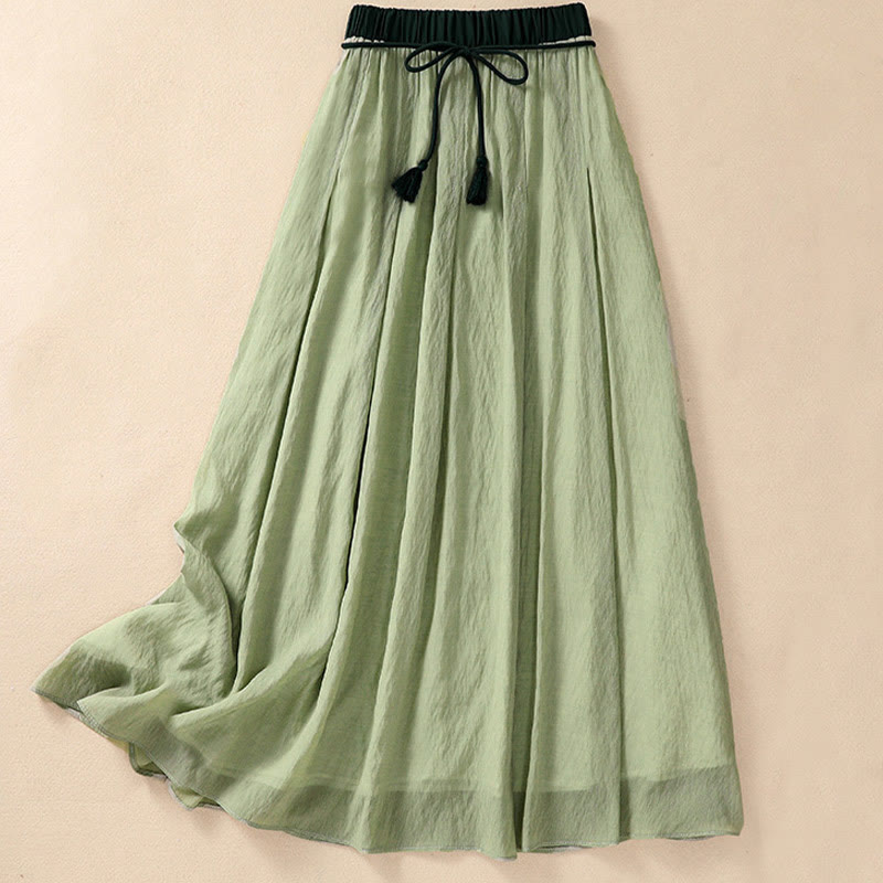 Jupe plissée décontractée à lacets et couleurs contrastées Buddha Stones pour femme, en coton et lin, longueur 7-8 - image 24