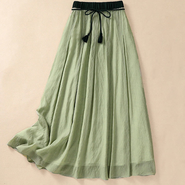 Jupe plissée décontractée à lacets et couleurs contrastées Buddha Stones pour femme, en coton et lin, longueur 7-8 - image 24