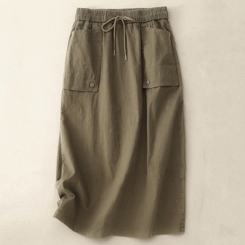 Jupe vintage en coton et lin avec cordon de serrage et boutons style Buddha Stones , longueur 7-8, avec poches, pour femme - Olive - US8-10，UK/AU12-14，EU40-42 (2XL) - image 0