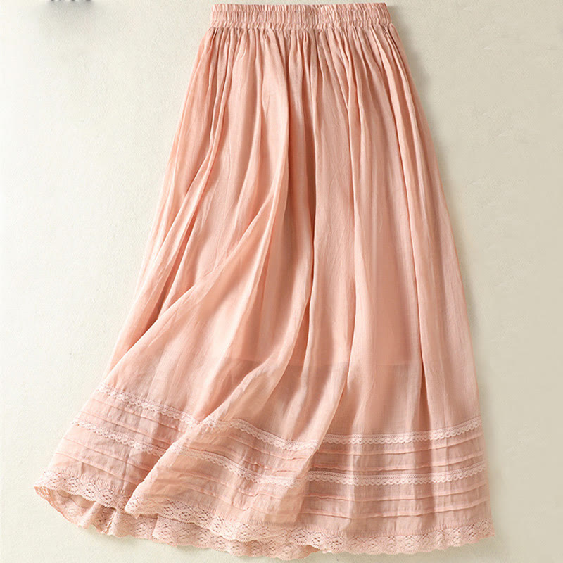 Jupe d'été en coton et lin pour femme, longueur 7-8, avec cordon de serrage et dentelle, style patchwork , Buddha Stones - image 1