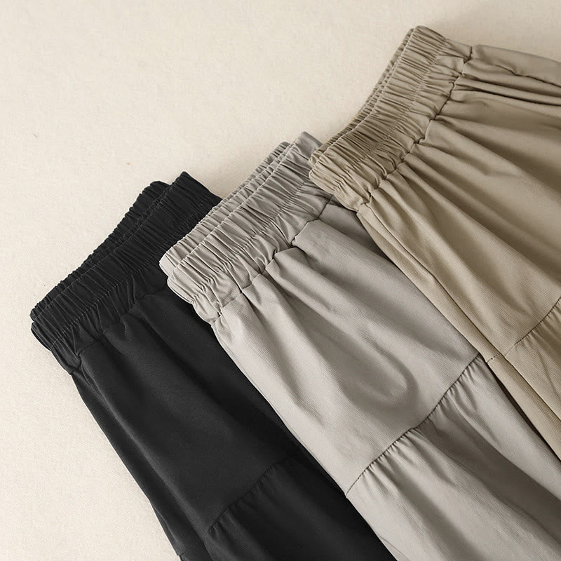Pantalon Buddha Stones décontracté uni en coton élastique pour femme, longueur 7-8, jambes larges, avec poches