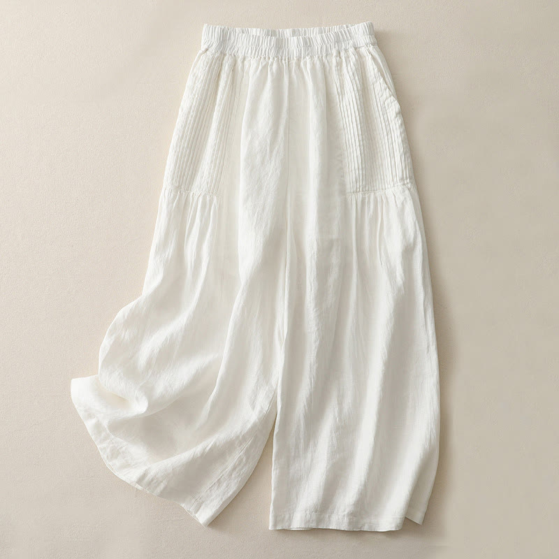 Pantalon large Buddha Stones uni à plis élastiques en polyester pour femme avec poches - Blanc - US8-10，UK/AU12-14，EU40-42 (2XL) - image 4