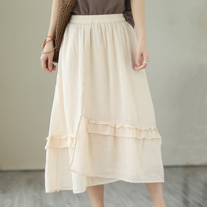 Jupe en coton et lin pour femme, Buddha Stones vintage, artistique, couleur pure, à volants, irrégulière - Jaune doré clair - US8-10，UK/AU12-14，EU40-42 (2XL) - image 0