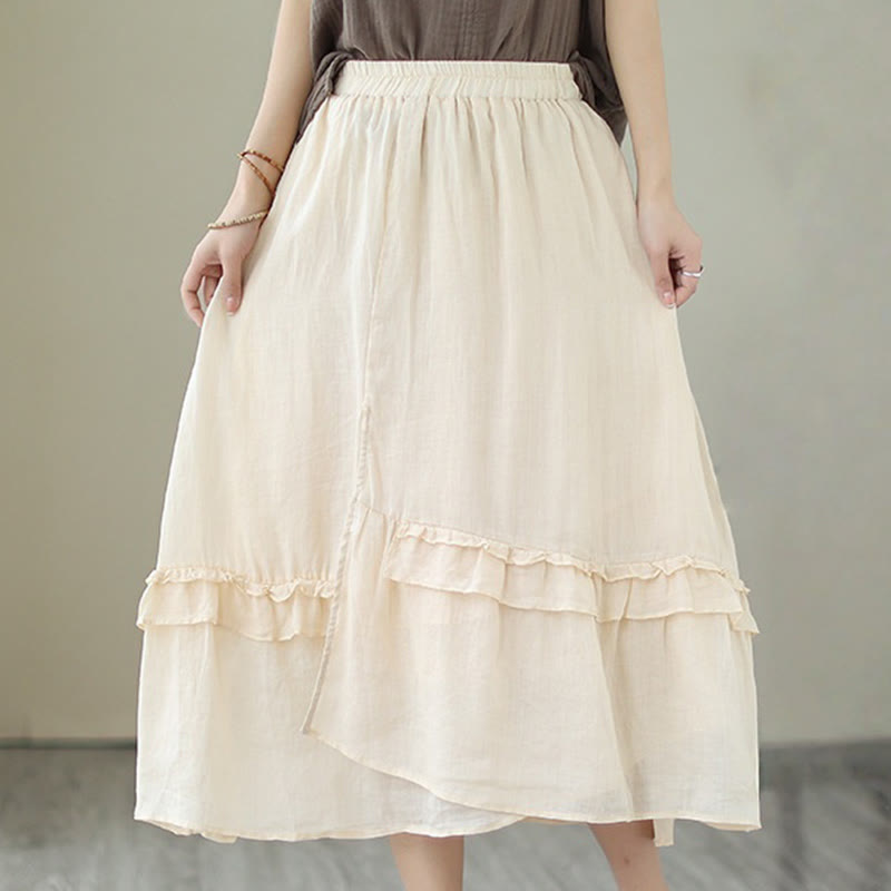Jupe en coton et lin pour femme, Buddha Stones vintage, artistique, couleur pure, à volants, irrégulière - image 1