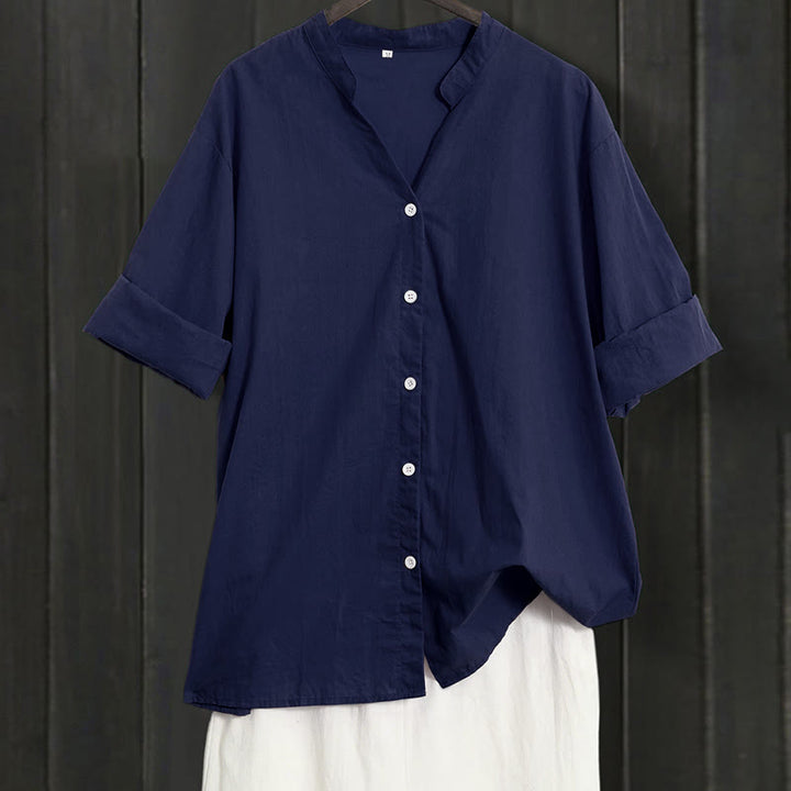 Chemise d'été décontractée en coton et lin pour femme, col cranté, manches courtes, motif Buddha Stones - Marine - US20，UK/AU24，EU52 (5XL) - image 0