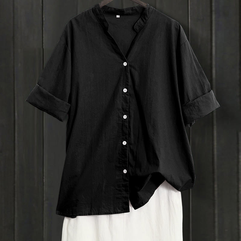 Chemise d'été décontractée en coton et lin pour femme, col cranté, manches courtes, motif Buddha Stones - Noir - US20，UK/AU24，EU52 (5XL) - image 6