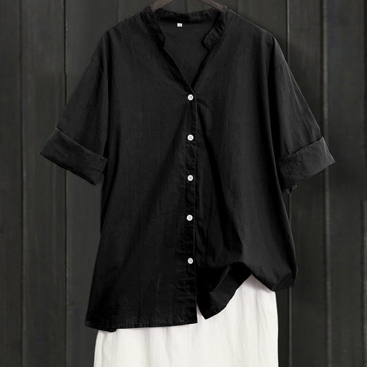 Chemise d'été décontractée en coton et lin pour femme, col cranté, manches courtes, motif Buddha Stones - Noir - US20，UK/AU24，EU52 (5XL) - image 6