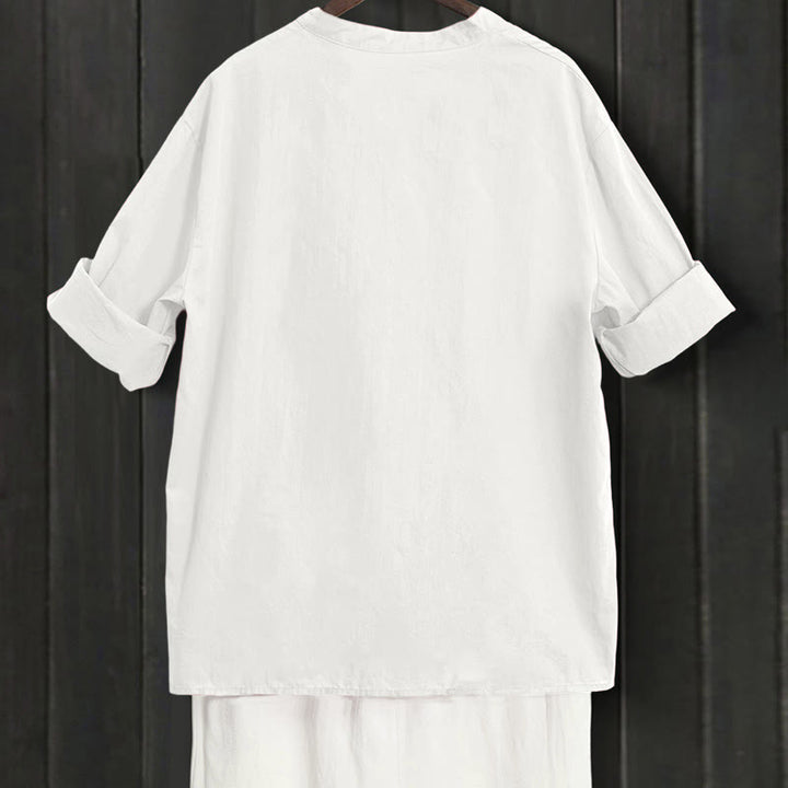 Chemise d'été décontractée en coton et lin pour femme, col cranté, manches courtes, motif Buddha Stones - image 31