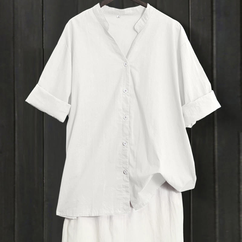 Chemise d'été décontractée en coton et lin pour femme, col cranté, manches courtes, motif Buddha Stones - Blanc - US20，UK/AU24，EU52 (5XL) - image 30