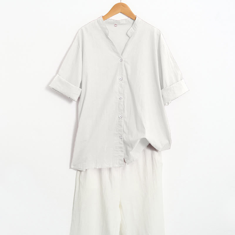 Chemise d'été décontractée en coton et lin pour femme, col cranté, manches courtes, motif Buddha Stones - image 35