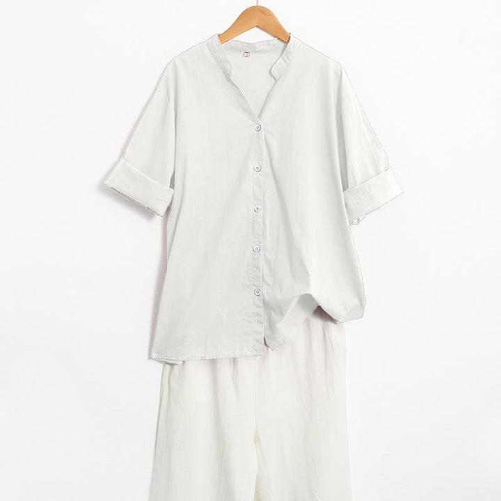 Chemise d'été décontractée en coton et lin pour femme, col cranté, manches courtes, motif Buddha Stones - image 35
