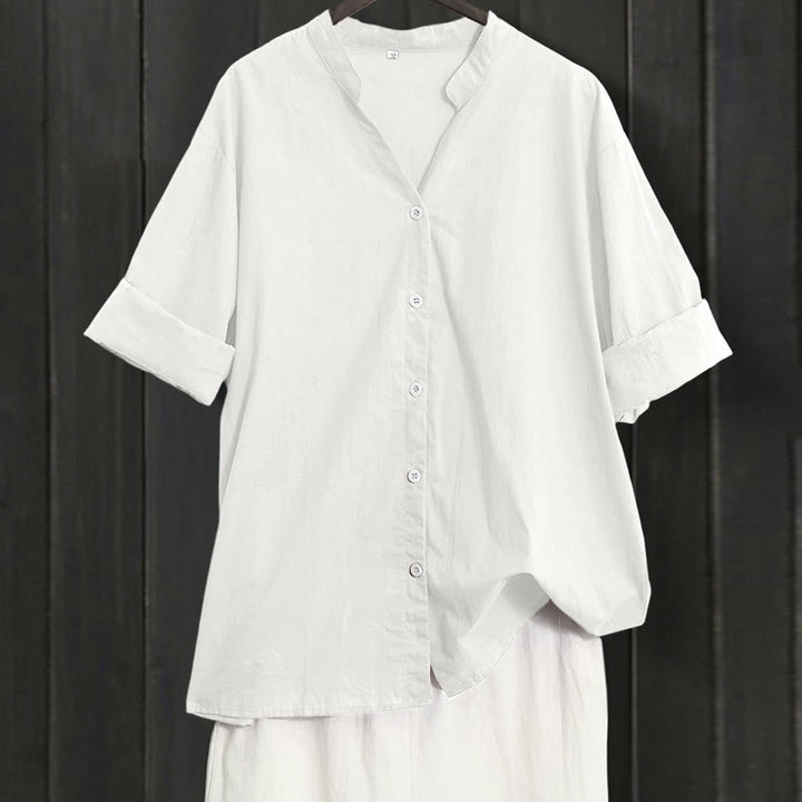 Chemise d'été décontractée en coton et lin pour femme, col cranté, manches courtes, motif Buddha Stones - Blanc - US20，UK/AU24，EU52 (5XL) - image 30