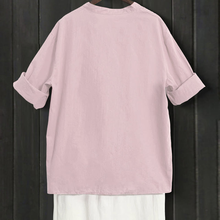 Chemise d'été décontractée en coton et lin pour femme, col cranté, manches courtes, motif Buddha Stones - image 37