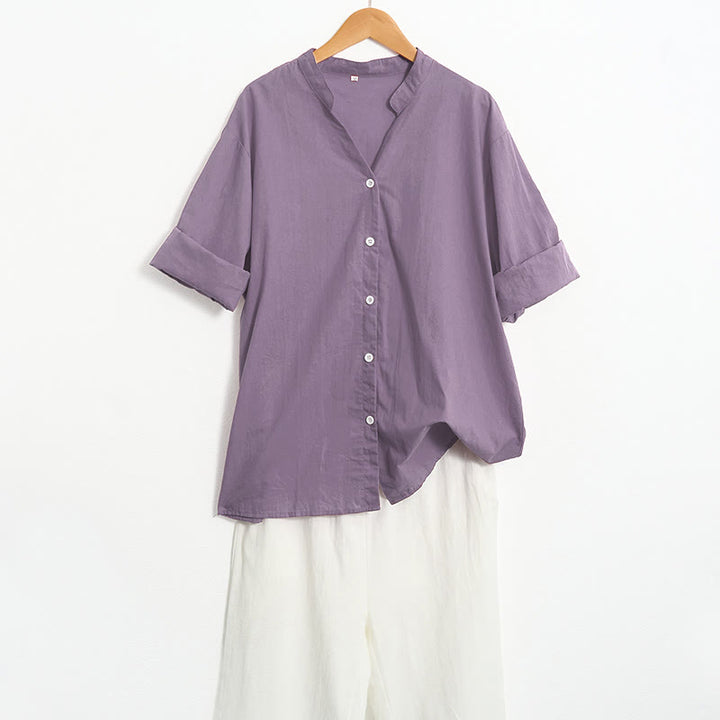 Chemise d'été décontractée en coton et lin pour femme, col cranté, manches courtes, motif Buddha Stones - image 47