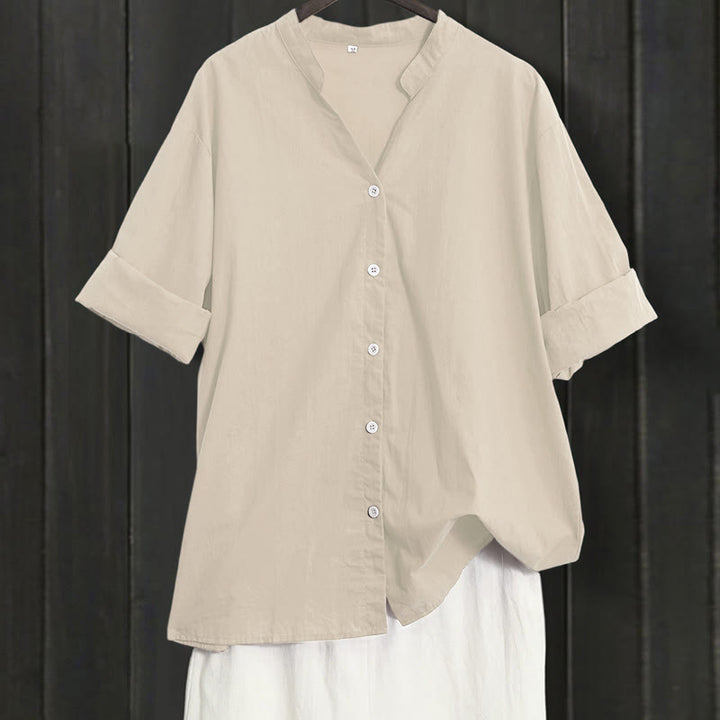 Chemise d'été décontractée en coton et lin pour femme, col cranté, manches courtes, motif Buddha Stones - Jaune doré clair - US20，UK/AU24，EU52 (5XL) - image 48