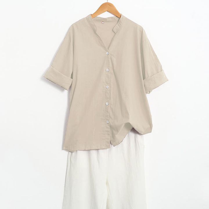 Chemise d'été décontractée en coton et lin pour femme, col cranté, manches courtes, motif Buddha Stones - image 53