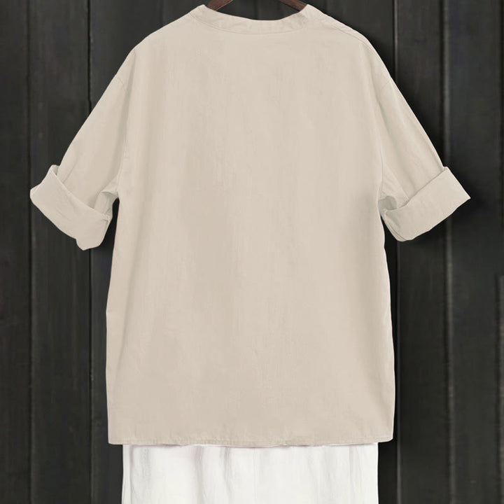 Chemise d'été décontractée en coton et lin pour femme, col cranté, manches courtes, motif Buddha Stones - image 49