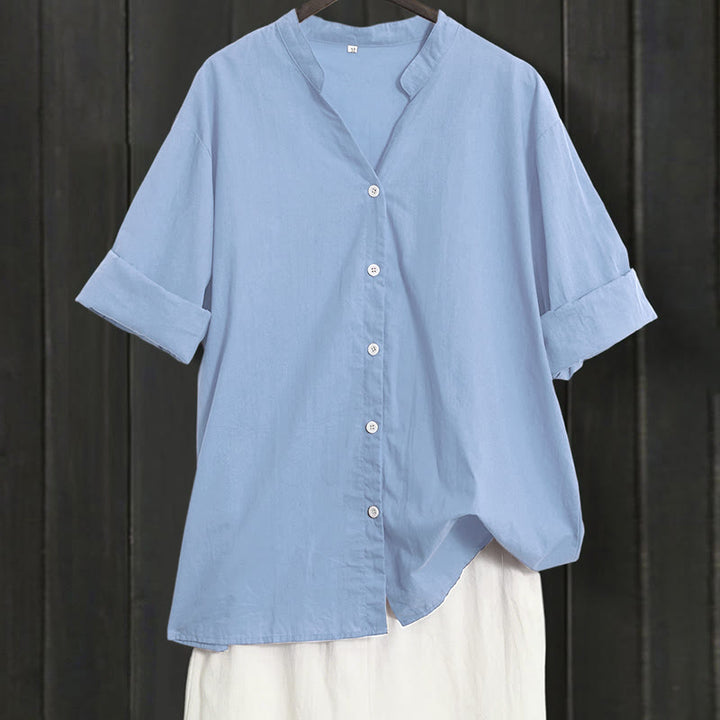Chemise d'été décontractée en coton et lin pour femme, col cranté, manches courtes, motif Buddha Stones - Bleu acier clair - US20，UK/AU24，EU52 (5XL) - image 60
