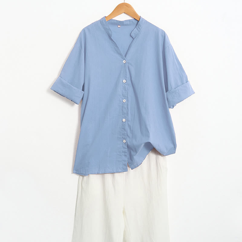 Chemise d'été décontractée en coton et lin pour femme, col cranté, manches courtes, motif Buddha Stones - image 65