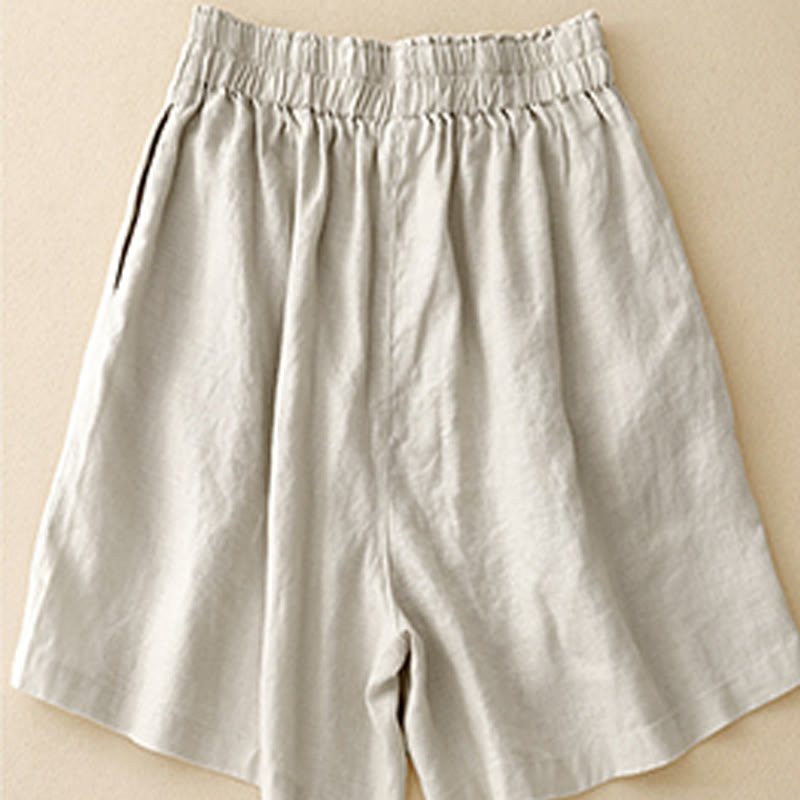 Short d'été décontracté en coton et lin avec poches pour femme Motif Buddha Stones