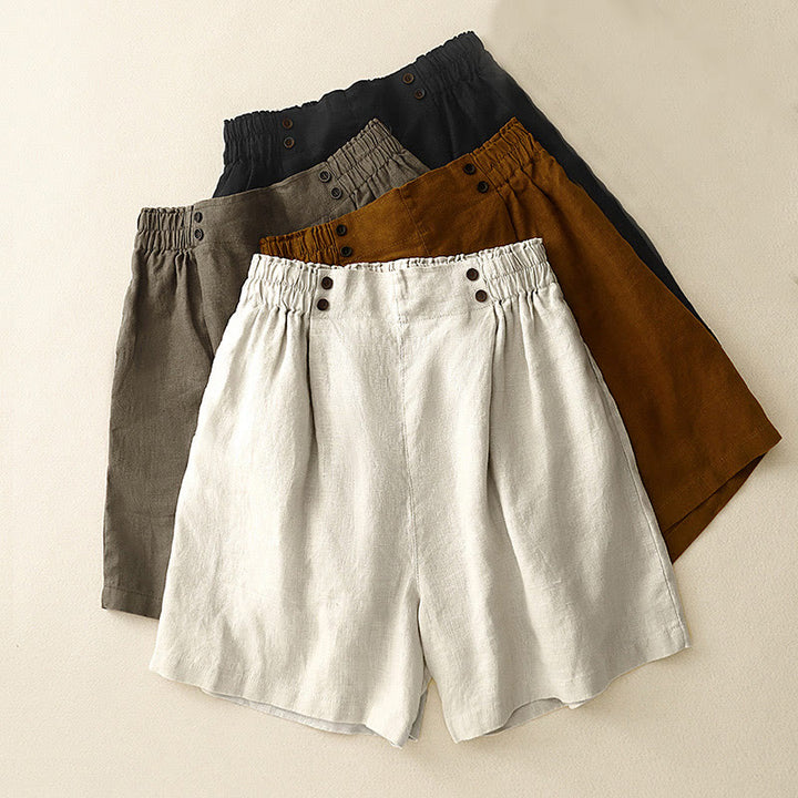 Short d'été décontracté en coton et lin avec poches pour femme Motif Buddha Stones