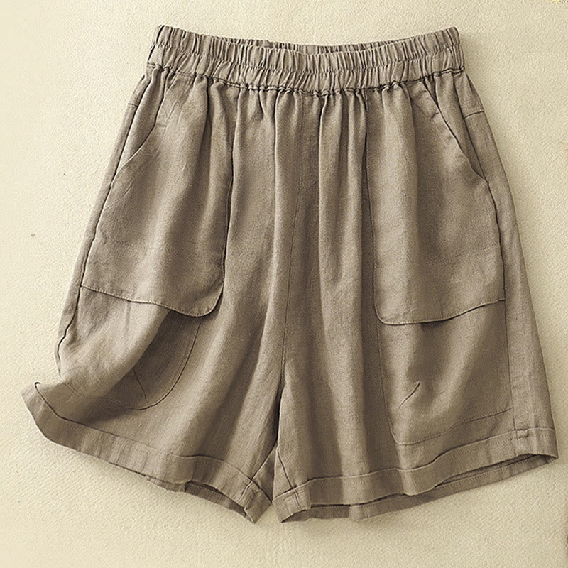 Short droit élastique avec poches pour femme, style décontracté, uni, en coton et lin, motif Buddha Stones , été - Tanné - US12，UK/AU16，EU44 (2XL) - image 0