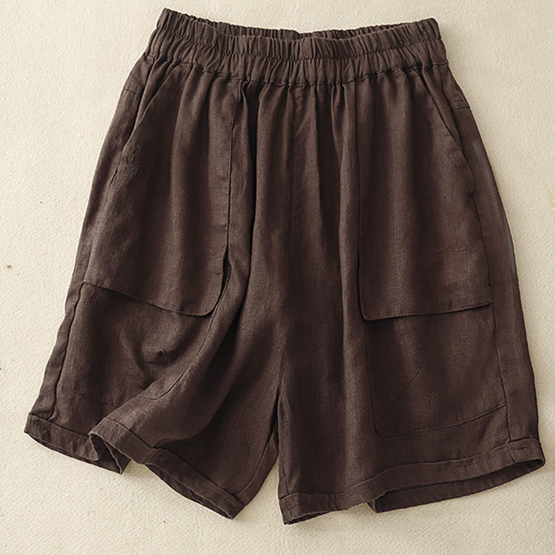 Short droit élastique avec poches pour femme, style décontracté, uni, en coton et lin, motif Buddha Stones , été