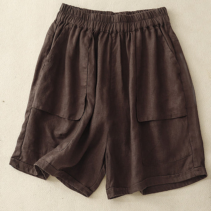 Short droit élastique avec poches pour femme, style décontracté, uni, en coton et lin, motif Buddha Stones , été