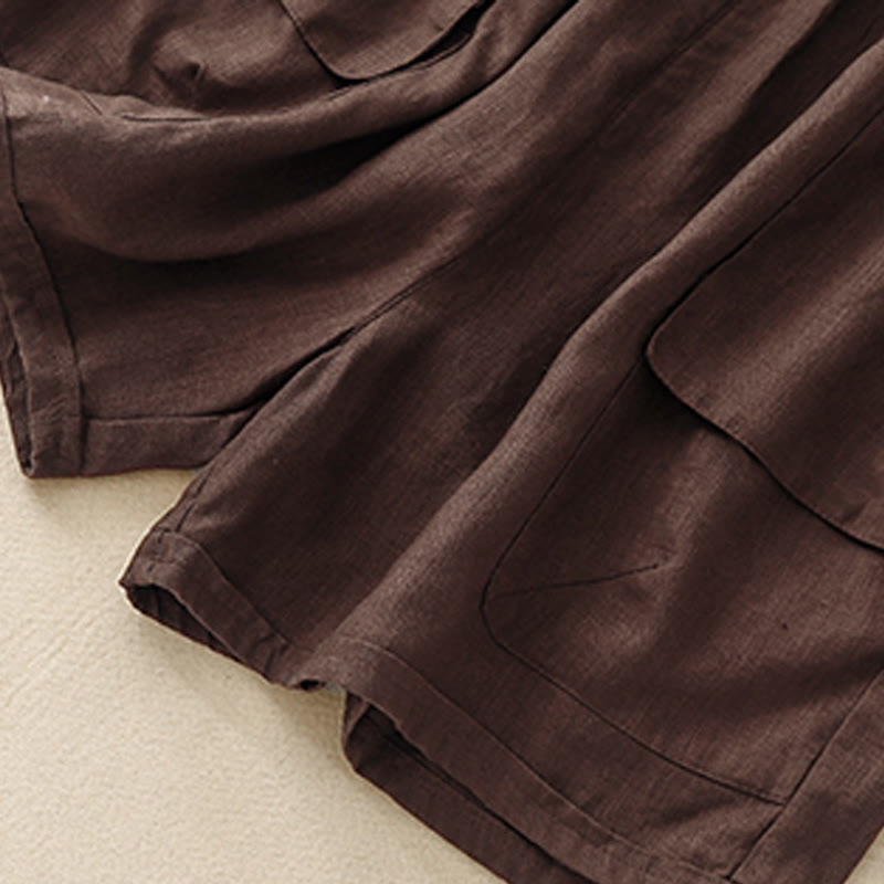 Short droit élastique avec poches pour femme, style décontracté, uni, en coton et lin, motif Buddha Stones , été - image 10