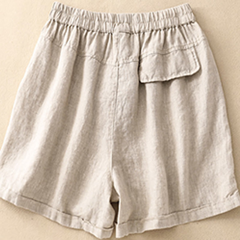 Short droit élastique avec poches pour femme, style décontracté, uni, en coton et lin, motif Buddha Stones , été
