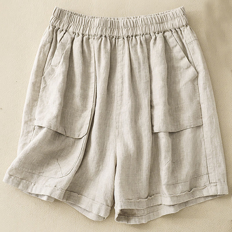 Short droit élastique avec poches pour femme, style décontracté, uni, en coton et lin, motif Buddha Stones , été