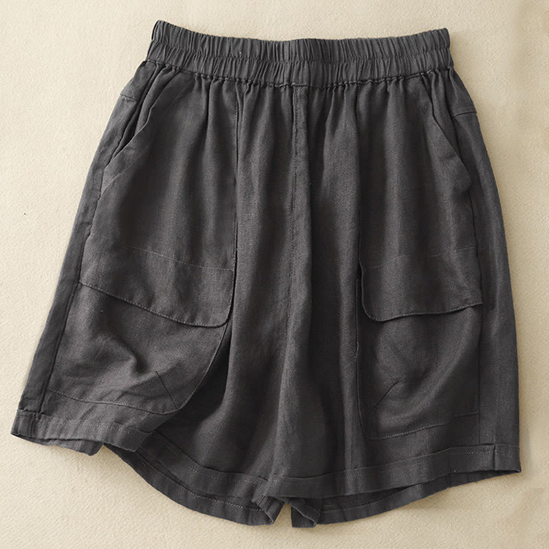 Short droit élastique avec poches pour femme, style décontracté, uni, en coton et lin, motif Buddha Stones , été