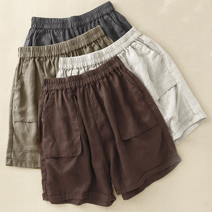 Short droit élastique avec poches pour femme, style décontracté, uni, en coton et lin, motif Buddha Stones , été
