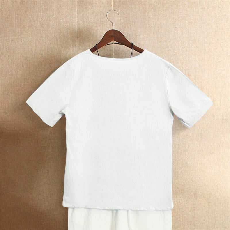 T-shirt décontracté à manches courtes et col rond pour femme, en coton, avec boutons en jacquard et Buddha Stones , couleur unie, été
