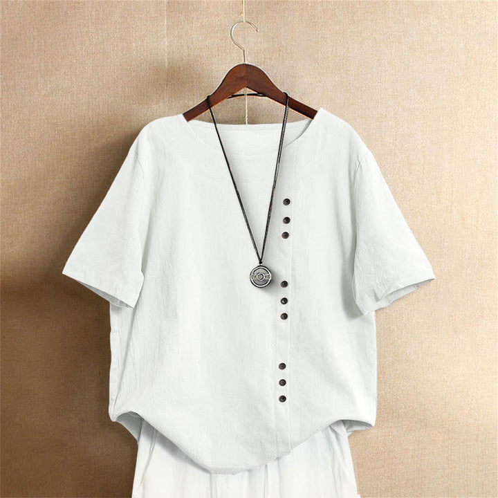T-shirt décontracté à manches courtes et col rond pour femme, en coton, avec boutons en jacquard et Buddha Stones , couleur unie, été